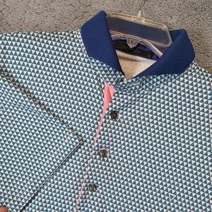 Greyson Polo Shirt Mens Small Blue White Geometric Golf Wolf The Breakfast Ball